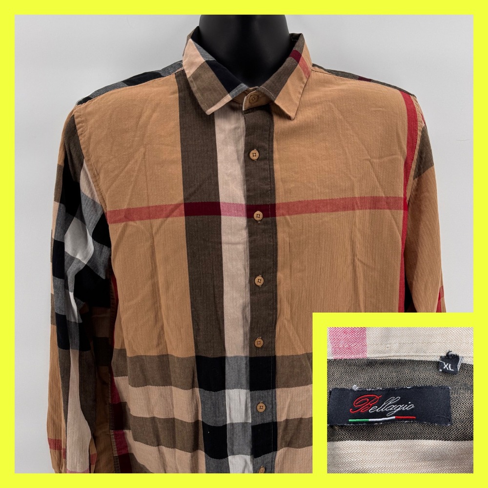Bellagio‎ Men's Tan Plaid Long Sleeve Button Down Shirt Size XL Cotton Spandex